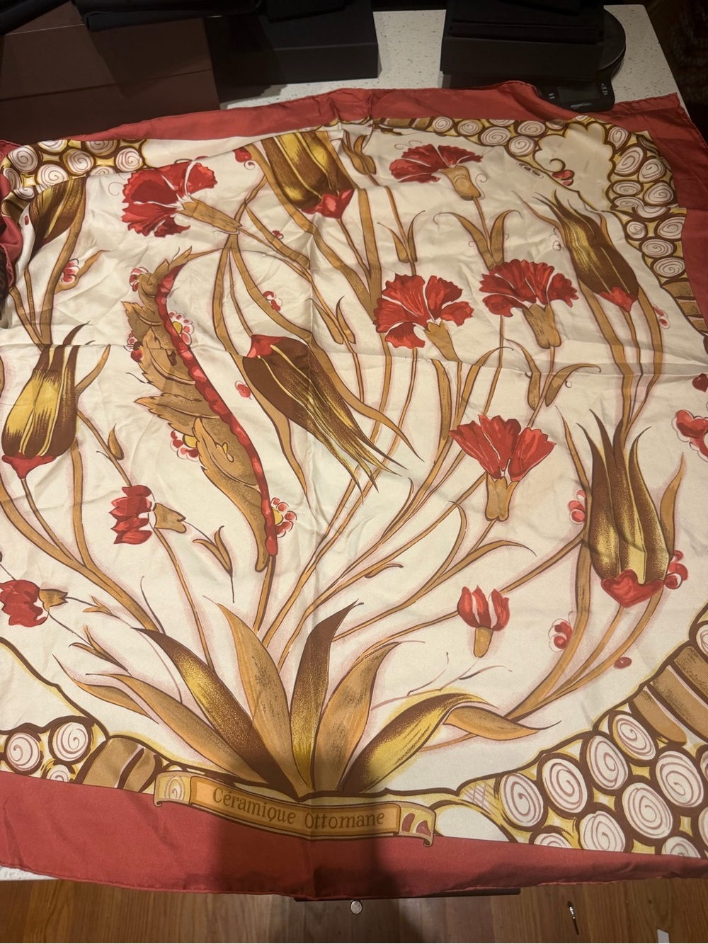 Hermes Floral Silk Scarf with Red and Gold Motif